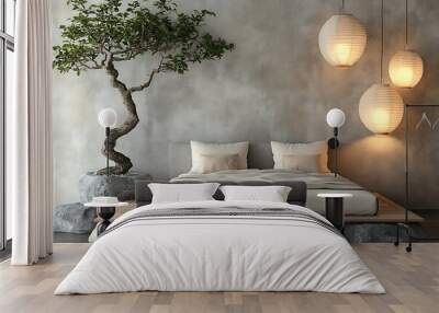 Modern bedroom with bonsai and soft lighting. Wall mural