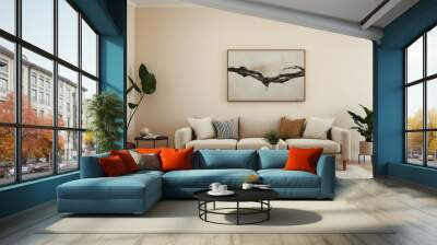 A bright living room featuring a white couch and an elegant painting on the wall, creating a serene atmosphere Wall mural