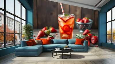 A glass of strawberry iced tea with floating strawberry slices, ice cubes, and a paper straw, set against a rustic wooden background with scattered strawberries and fresh herbs Wall mural