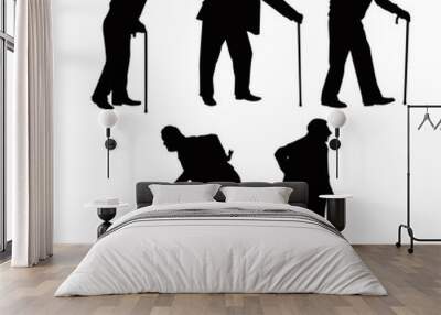 Old Man Using Cane Walking Stick Silhouettes Wall mural