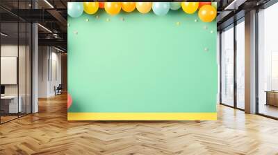 A green and yellow background with colorful balloons and confetti arranged in a frame shape. Wall mural