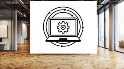 thin line laptop and gear wheel like update. lineart style trend modern minimal logotype stroke art design web element isolated on white background. concept of development or devops service badge Wall mural