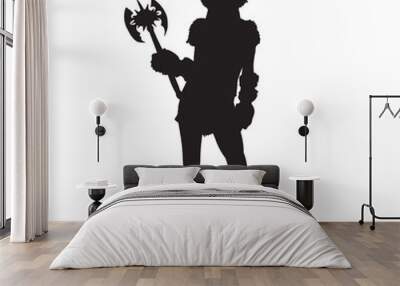 Viking warrior with gun in horned helmet silhouette. Vector illustration of barbarian warrior. Wall mural