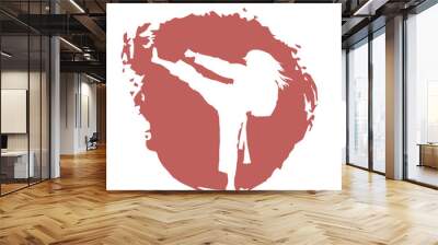 White Illustration female karate fighter wearing uniform isolated vector silhouette. On red background. Wall mural