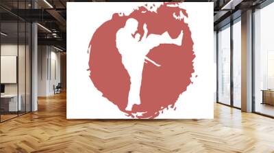 White Illustration male karate fighter wearing uniform isolated vector silhouette. On red background. Wall mural