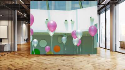 Balloons with happy celebration . Bunch of White and blue balloons. Concept of happiness, joy, Love, birthday, wedding. White and pink balloons flying in the sky . Wall mural