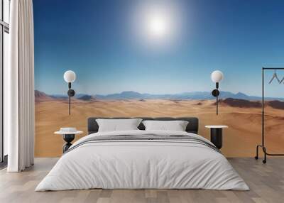 Bright sun over vast desert landscape with distant mountains. Wall mural