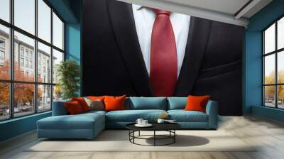 Closeup of black business suit with white shirt and red tie. Businessman in a black suit with a red tie. Business concept. Wall mural