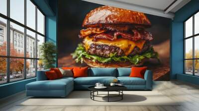 Juicy cheeseburger with crispy bacon and lettuce on a wooden board, showcasing gourmet flavors. Wall mural