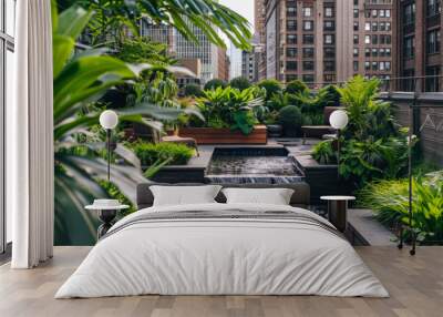 A Rooftop Oasis in the City with a Cascading Waterfall and Lush Greenery Wall mural