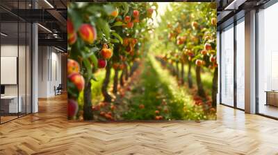 A Row of Apple Trees Laden with Fruit in a Sunlit Orchard Wall mural