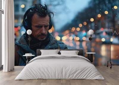 A man with headphones checks his phone on a rainy street, surrounded by city lights. A moody, urban atmosphere reflects modern life in a winter setting. Wall mural