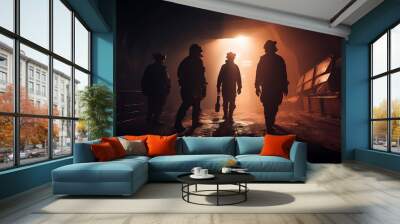 Banner mining working. Silhouette of Miners with headlamps entering underground coal mine. Generation AI. Wall mural