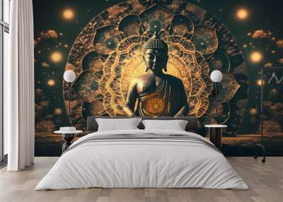 Buddha statue transcendental spiritual meditation with aura, banner yellow light. Generation AI Wall mural