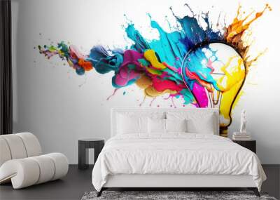 Concept art brainstorm and Generation of creative ideas. Electric light bulb symbol with splashes of colored paint on white background. Generation AI Wall mural