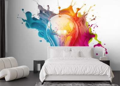 Concept Generation of creative ideas and art brainstorming. Electric light bulb symbol with splashes of colored paint. Generation AI Wall mural