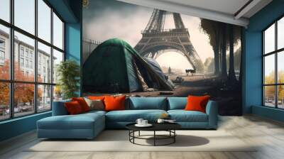 Concept of illegal immigrant of people to Europe. Refugee tent camp around Eiffel Tower in Paris city France, sun light. Generation AI Wall mural