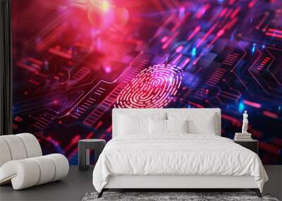 Concept Protect personal data banner. AI Security system with fingerprint on cyber technology neon background. Wall mural