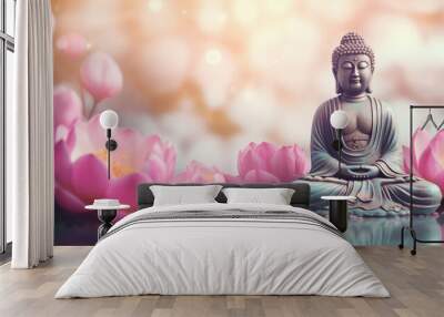 Concept statue Buddha with water lily or lotus flower. Vesak day birthday banner, Buddhist lent. Wall mural