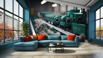 Conveyor assembly line with garbage bottles and packaging. Industry Plant for sorting and processing plastic and paper waste. Generation AI Wall mural