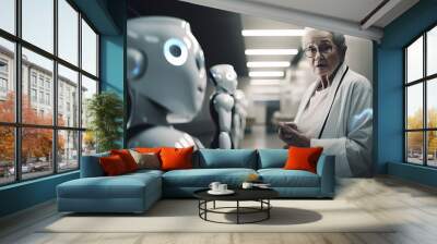 Elderly care robot in intelligent hospital. Concept AI artificial intelligence, services and health with future droid nursing Bot. Generation AI Wall mural