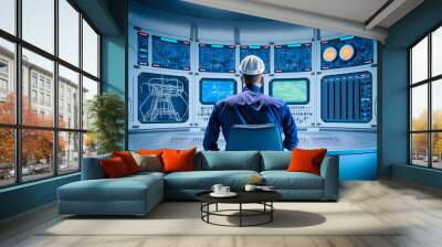 Electrical station, Central control panel of nuclear power plant reactor. Engineer at work back view, blue color. Generation AI. Wall mural