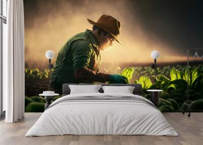 Farmer harvesting of tobacco leaves, sunset light. Agriculture industry concept. Generation AI Wall mural