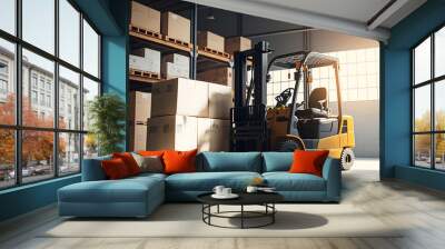 Forklift with box working in Warehouse industrial premises for storing materials and wood. Concept banner center of logistic storage. Generation AI Wall mural