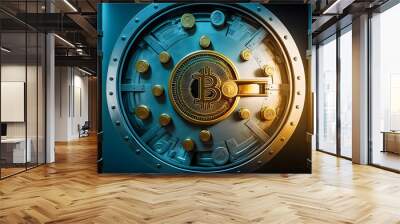 Gold Safe deposit with bitcoin logo. Concept symbol of cryptocurrency safety in internet blockchain virtual banner. Generation AI Wall mural