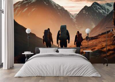 Group tourists of hiker sporty people walks in mountains at sunset with backpacks. Concept banner adventure with copy space. Generation AI Wall mural