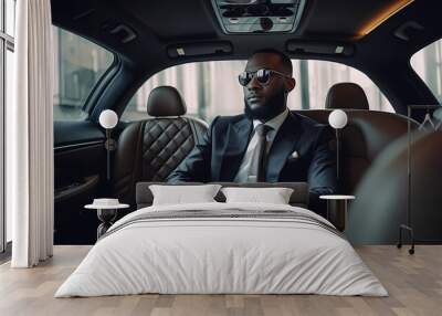 Handsome successful rich African businessman in lux car commute to work. Generation AI Wall mural