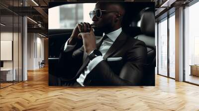 Handsome successful rich African businessman in lux car commute to work. Generation AI Wall mural