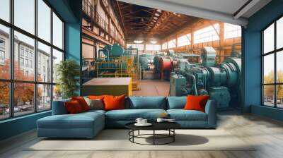 Industrial interior, hydroelectric power station with electric generators turbine room. Generation AI Wall mural