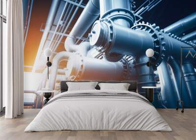 Industrial pipeline, oil and gas factory, blue color banner with sun ligh. Generation AI Wall mural