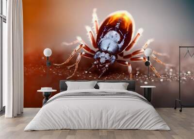 Infected tick on human skin. Ixodes lyme ricinus mite. Dangerous biting insect macro photo. AI generation Wall mural