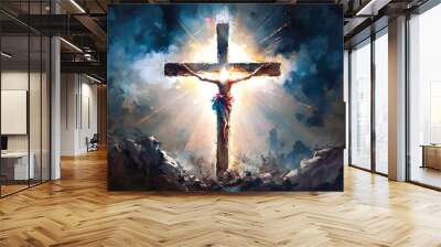 Jesus christ crucifix cross, sunrise concept Christmas Catholic religion, happy Easter day sunlight background, Bible gospel sunday. Generation AI Wall mural