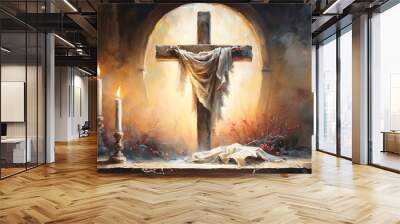 Jesus christ crucifix cross, sunrise concept Christmas Catholic religion, happy Easter day sunlight background, Bible gospel sunday. Generation AI Wall mural