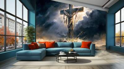 Jesus christ crucifix cross, sunrise concept Christmas Catholic religion, happy Easter day sunlight background, Bible gospel sunday. Generation AI Wall mural