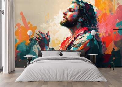 Jesus painting watercolor aquarelle. Generation AI Wall mural