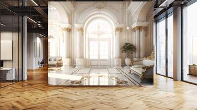 Light luxury royal posh interior in baroque style. White hall with expensive oldstyle furniture. Generation AI Wall mural