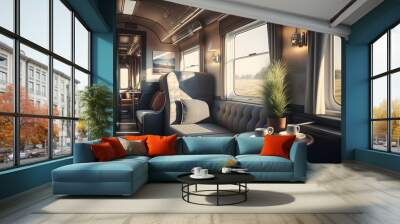 luxury interior in private modern business train railway and sunlight in window. Generation AI Wall mural