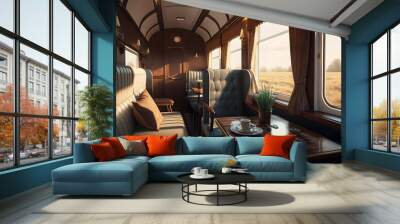 luxury interior in private modern business train railway and sunlight in window. Generation AI Wall mural