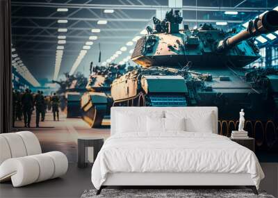 Military Factory weapon Battle tanks. Warehouse modern of army equipment. Industry line of war technology. Generation AI Wall mural