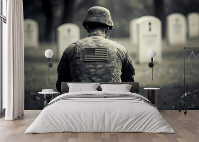 Military man kneeling of grave fallen soldier, sunset. Concept veteran of war. Generation AI Wall mural