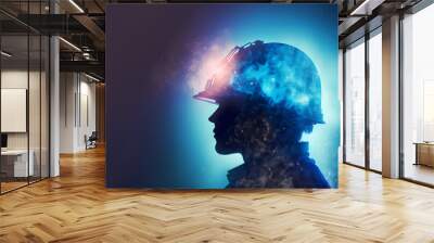 Mine coal industry, miner engineering project devotion with double exposure design. Blue color background with sunlight, mining industrial. Generator AI Wall mural