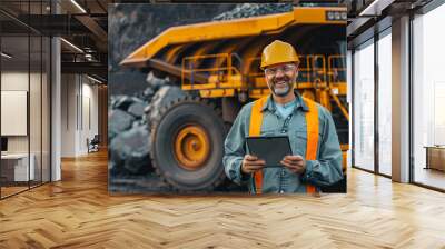 Miner worker in hard hat use computer tablet for control big yellow mining truck for coal. Concept technologies Open pit mine industry. Wall mural