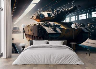 Modern Military battle tank getting ready on mission, sunlight. Modern weapon of new generation is in hangar. Generation AI Wall mural