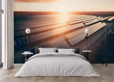 Modern Wind turbines and solar panels sunset light. Concept eco green renewable energy. Generation AI Wall mural