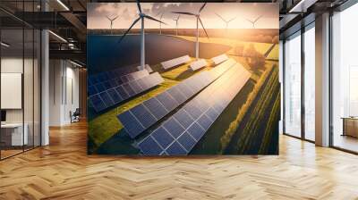 Modern Wind turbines and solar panels sunset light. Concept eco green renewable energy. Generation AI Wall mural