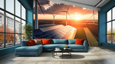 Modern Wind turbines and solar panels sunset light. Concept eco green renewable energy. Generation AI Wall mural